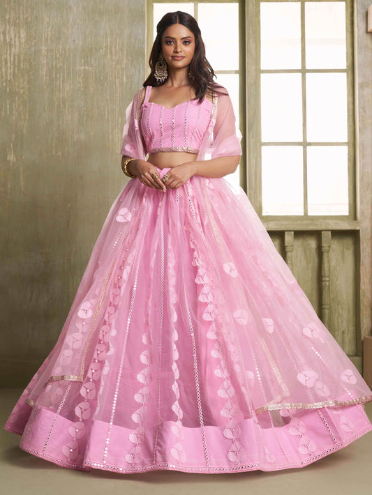 Alluring Pink Thread Work Net Bridesmaid Lehenga Choli With Dupatta - Zeel Clothing