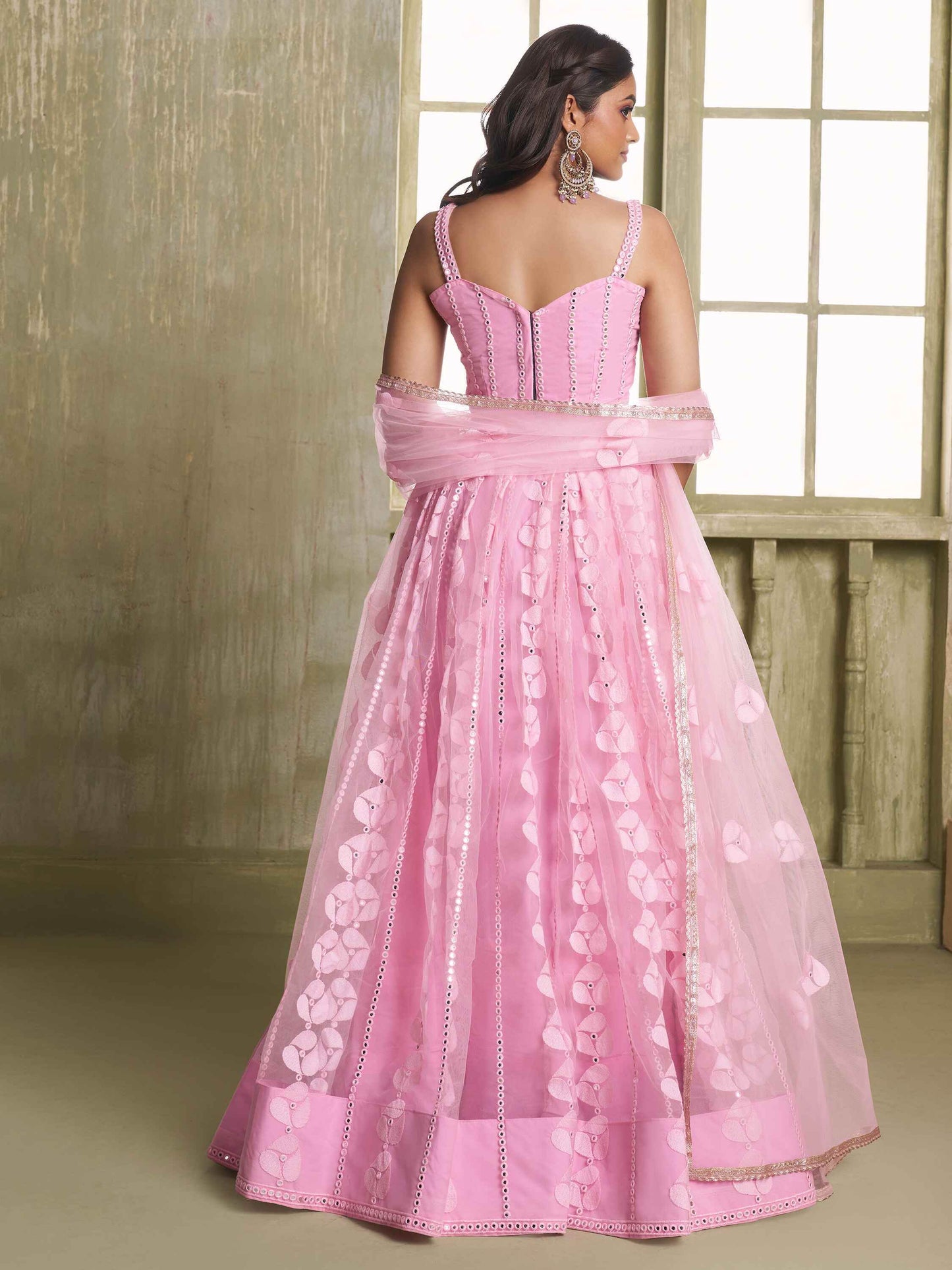 Alluring Pink Thread Work Net Bridesmaid Lehenga Choli With Dupatta - Zeel Clothing