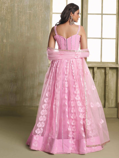 Alluring Pink Thread Work Net Bridesmaid Lehenga Choli With Dupatta - Zeel Clothing