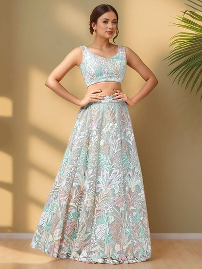 Alluring Pista Green Sequins Net Wedding Wear Lehenga Choli With Dupatta - Zeel Clothing