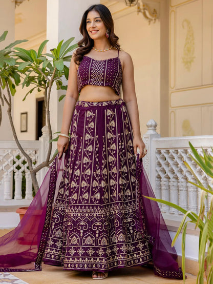 Alluring Purple Thread Work Georgette Wedding Lehenga Choli - Zeel Clothing
