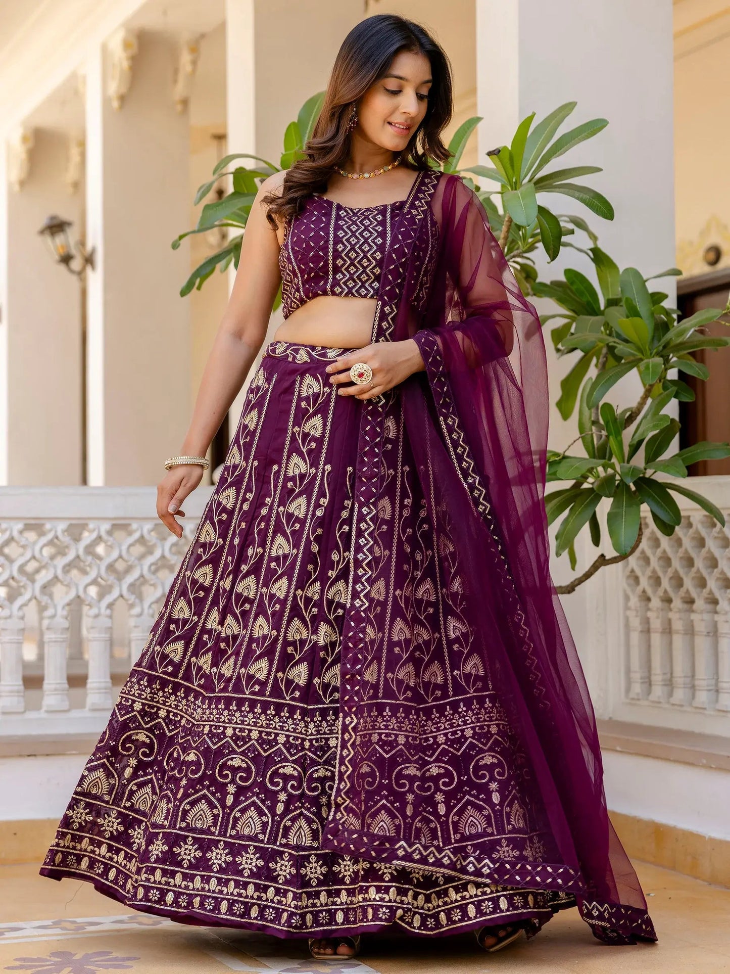 Alluring Purple Thread Work Georgette Wedding Lehenga Choli - Zeel Clothing