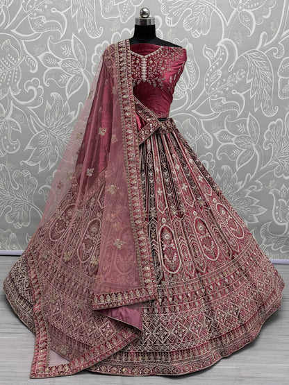 Alluring Red Dori Work Velvet Bridal Lehenga Choli With Double Dupatta - Zeel Clothing