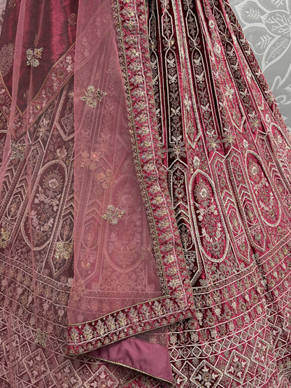 Alluring Red Dori Work Velvet Bridal Lehenga Choli With Double Dupatta - Zeel Clothing