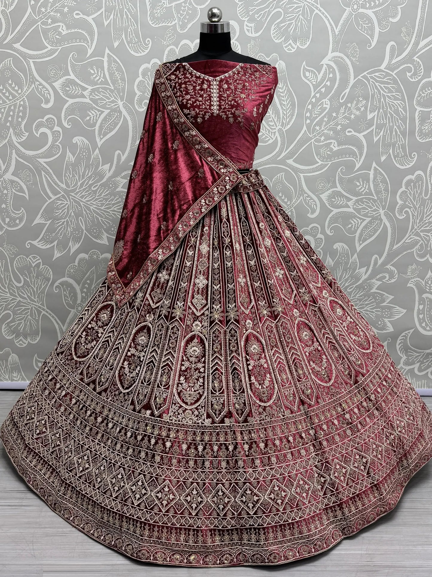 Alluring Red Dori Work Velvet Bridal Lehenga Choli With Double Dupatta - Zeel Clothing