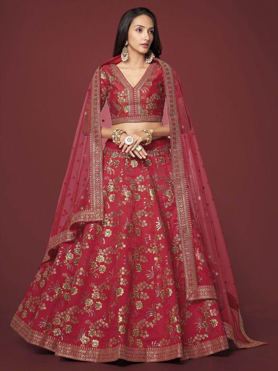 Alluring Red Embroidered Silk Traditional Lehenga Choli With Blouse - Zeel Clothing