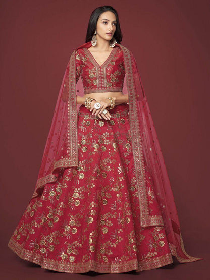 Alluring Red Embroidered Silk Traditional Lehenga Choli With Blouse - Zeel Clothing