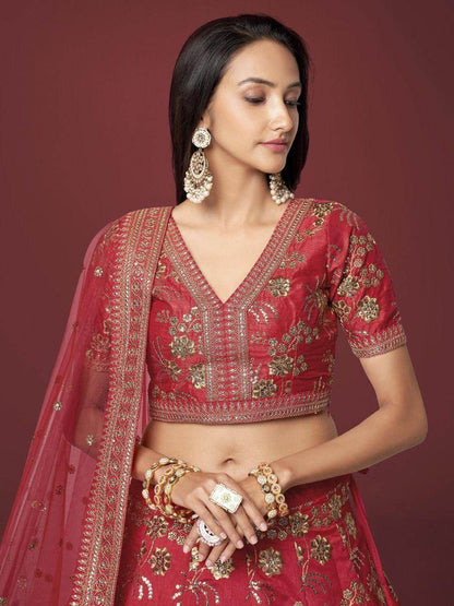 Alluring Red Embroidered Silk Traditional Lehenga Choli With Blouse - Zeel Clothing