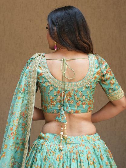 Alluring Sea Green Floral Printed Organza Lehenga Choli With Dupatta - Zeel Clothing