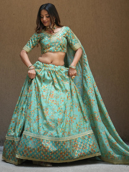 Alluring Sea Green Floral Printed Organza Lehenga Choli With Dupatta - Zeel Clothing