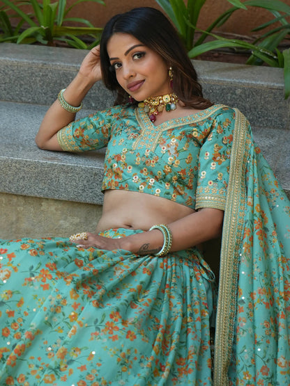 Alluring Sea Green Floral Printed Organza Lehenga Choli With Dupatta - Zeel Clothing
