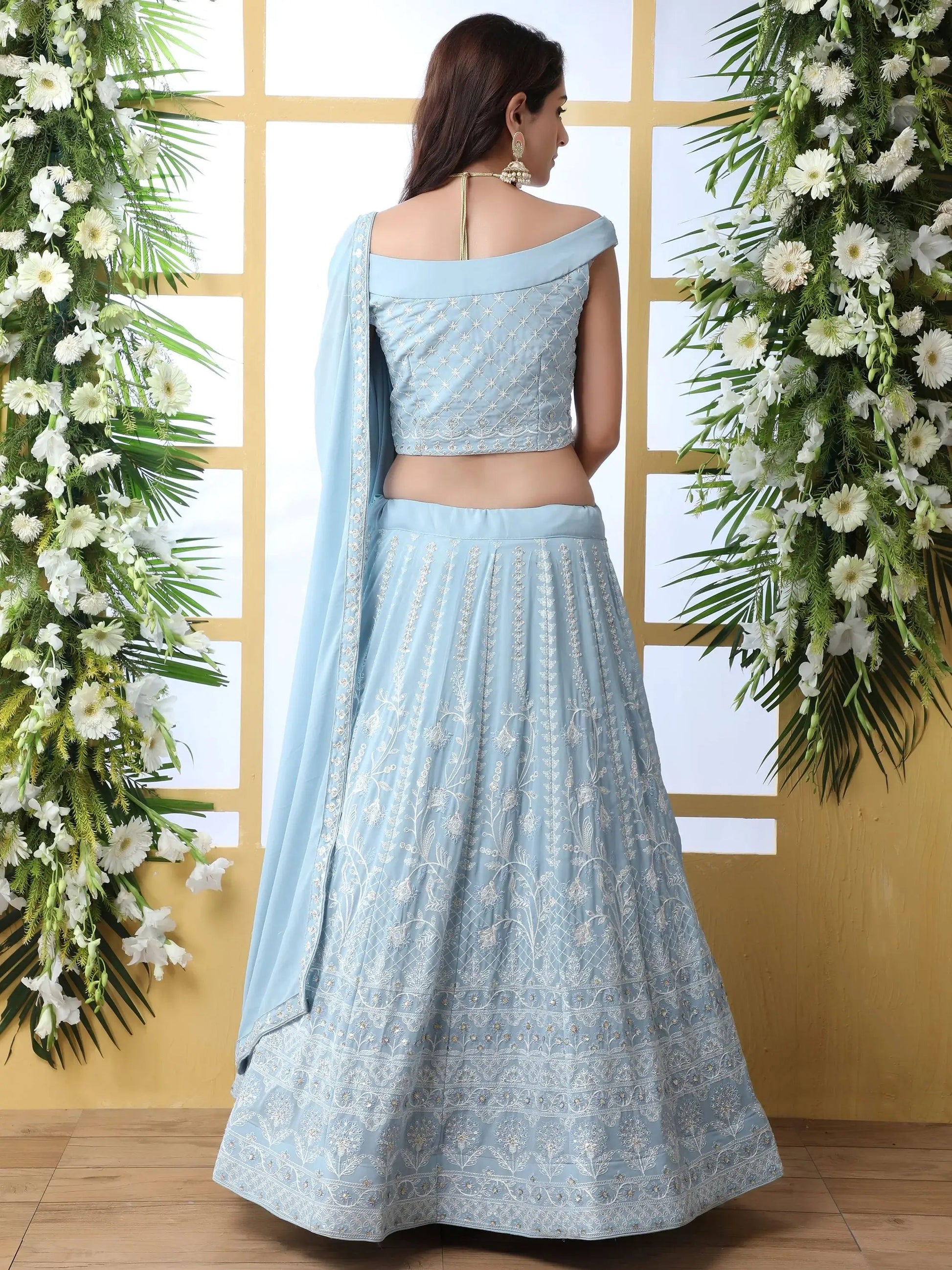 Alluring Sky Blue Thread Embroidered Georgette Lehenga Choli - Zeel Clothing