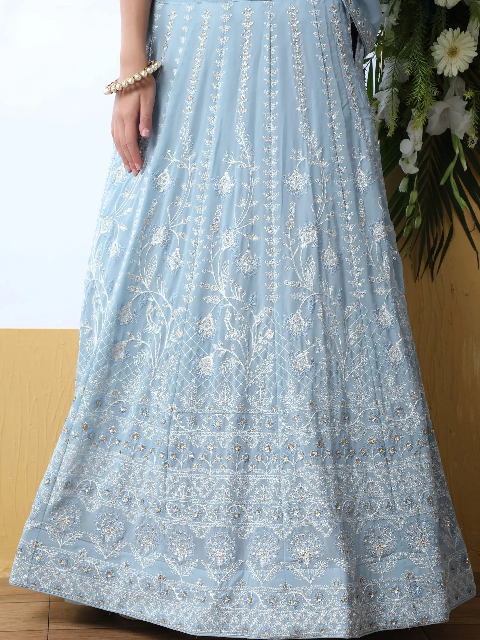 Alluring Sky Blue Thread Embroidered Georgette Lehenga Choli - Zeel Clothing