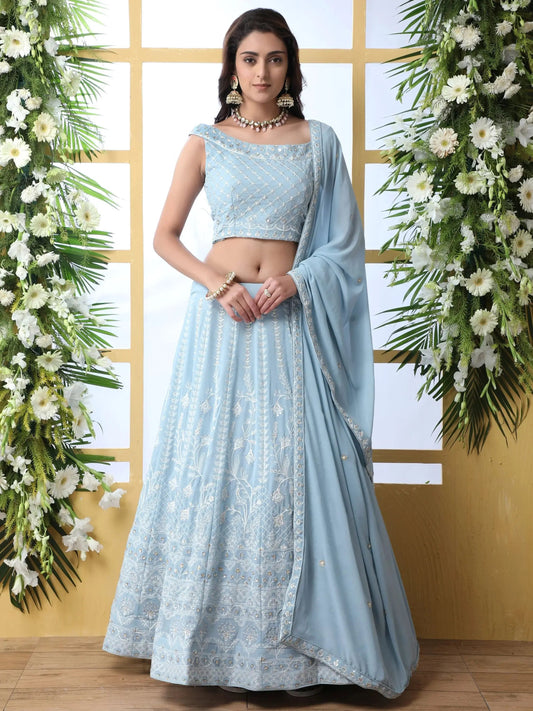 Alluring Sky Blue Thread Embroidered Georgette Lehenga Choli - Zeel Clothing