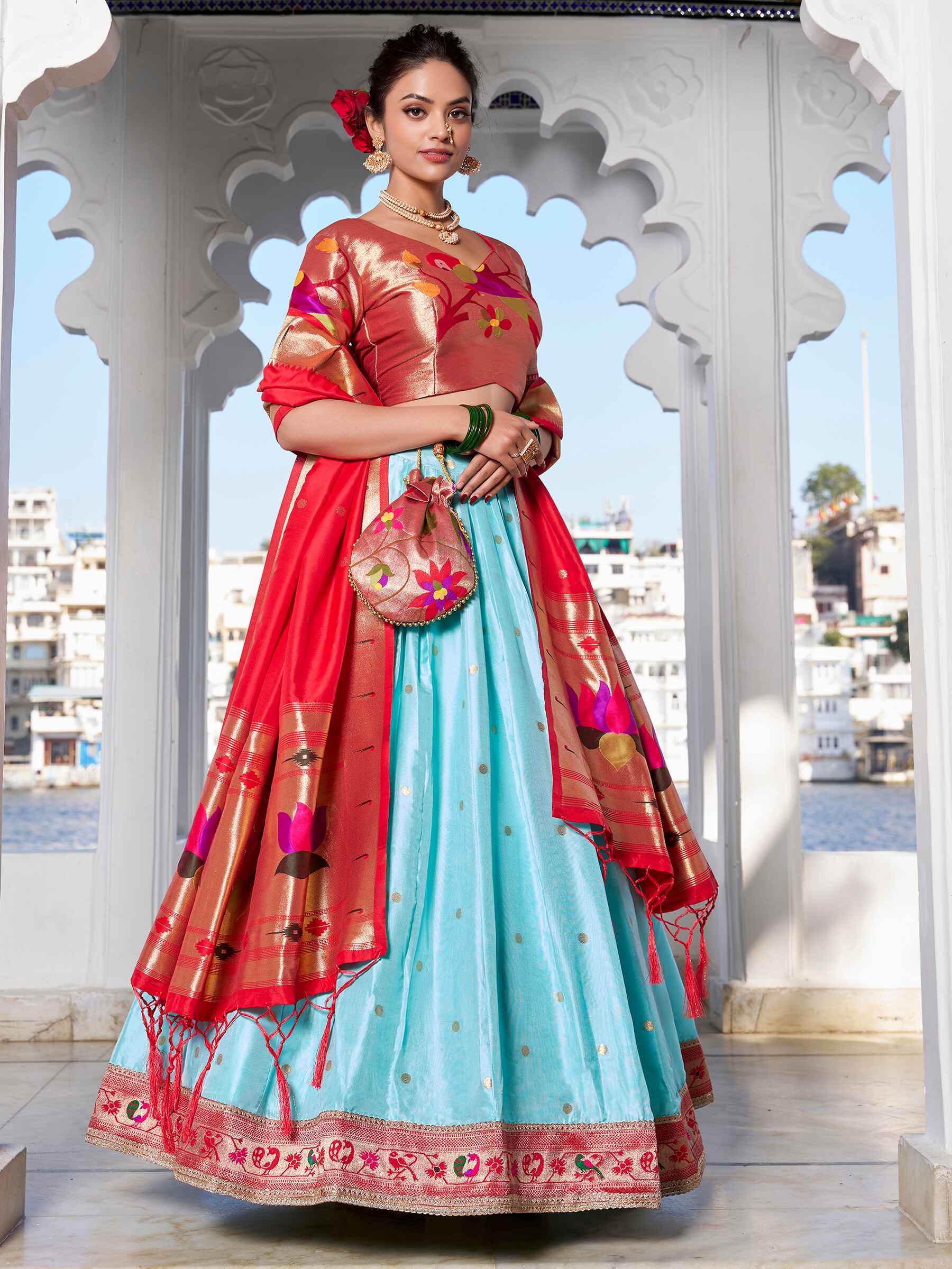 Alluring Sky Blue Zari Weaving Silk Paithani Lehenga Choli - Zeel Clothing