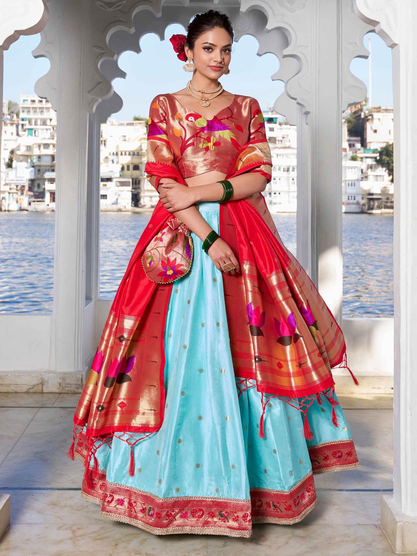 Alluring Sky Blue Zari Weaving Silk Paithani Lehenga Choli - Zeel Clothing