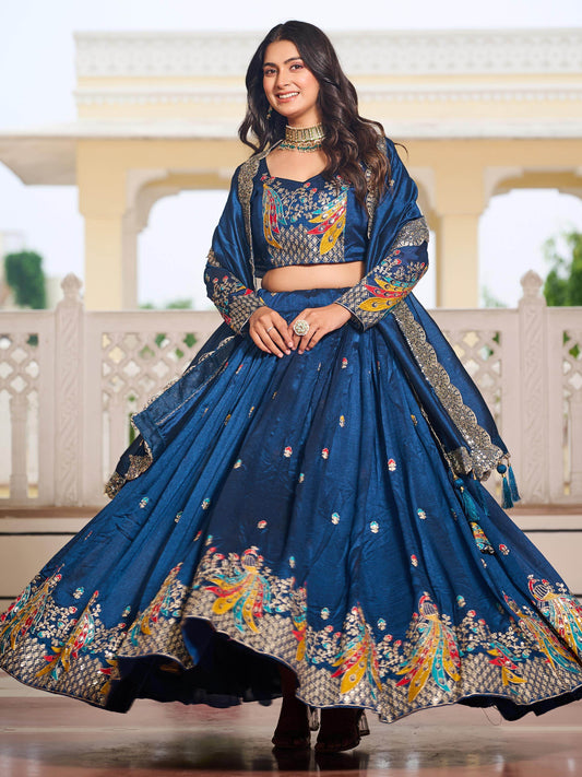 Alluring Teal Blue Thread Work Vichitra Silk Wedding Wear Lehenga Choli - Zeel Clothing