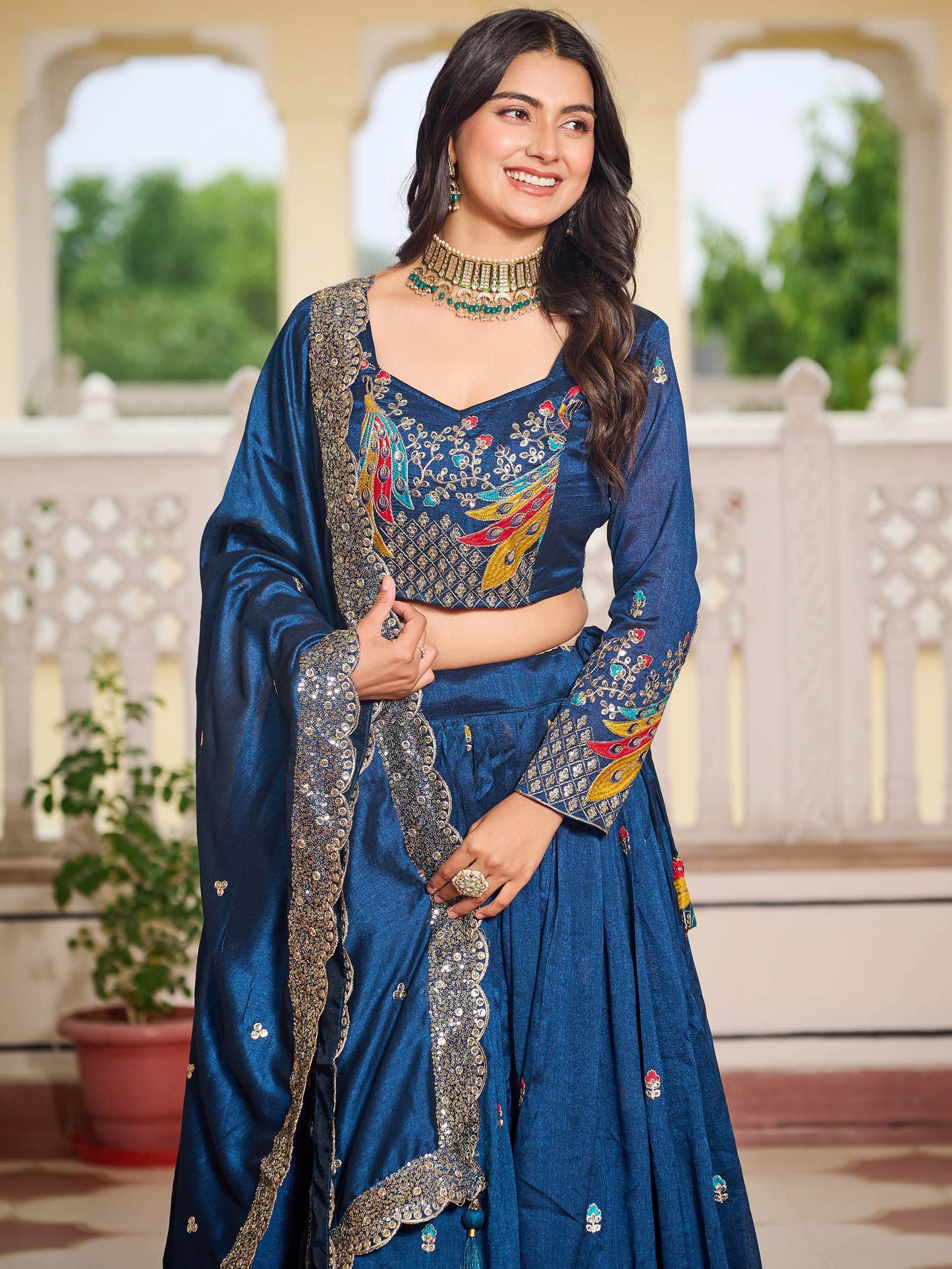 Alluring Teal Blue Thread Work Vichitra Silk Wedding Wear Lehenga Choli - Zeel Clothing