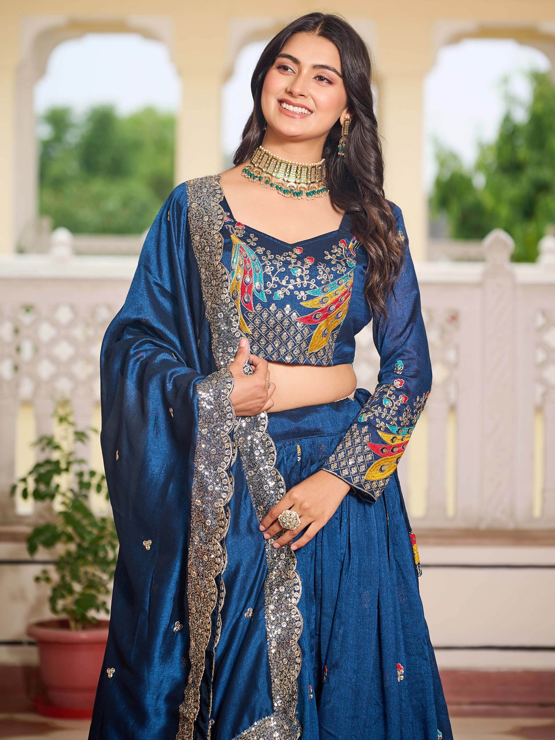 Alluring Teal Blue Thread Work Vichitra Silk Wedding Wear Lehenga Choli - Zeel Clothing