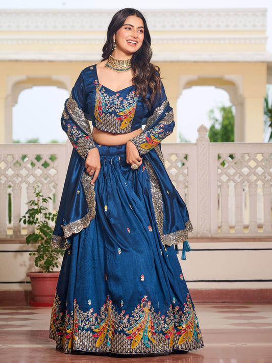 Alluring Teal Blue Thread Work Vichitra Silk Wedding Wear Lehenga Choli - Zeel Clothing