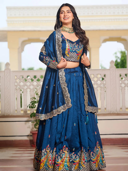 Alluring Teal Blue Thread Work Vichitra Silk Wedding Wear Lehenga Choli - Zeel Clothing