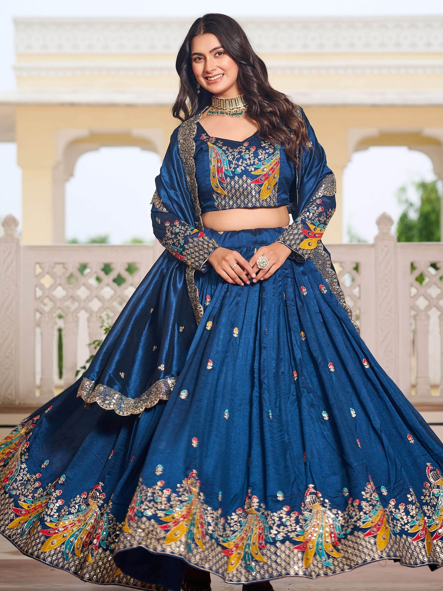 Alluring Teal Blue Thread Work Vichitra Silk Wedding Wear Lehenga Choli - Zeel Clothing