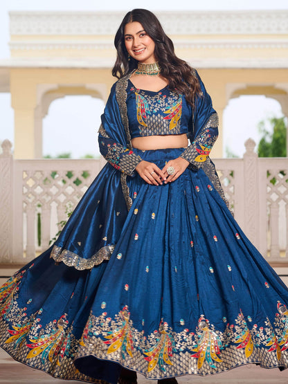Alluring Teal Blue Thread Work Vichitra Silk Wedding Wear Lehenga Choli - Zeel Clothing