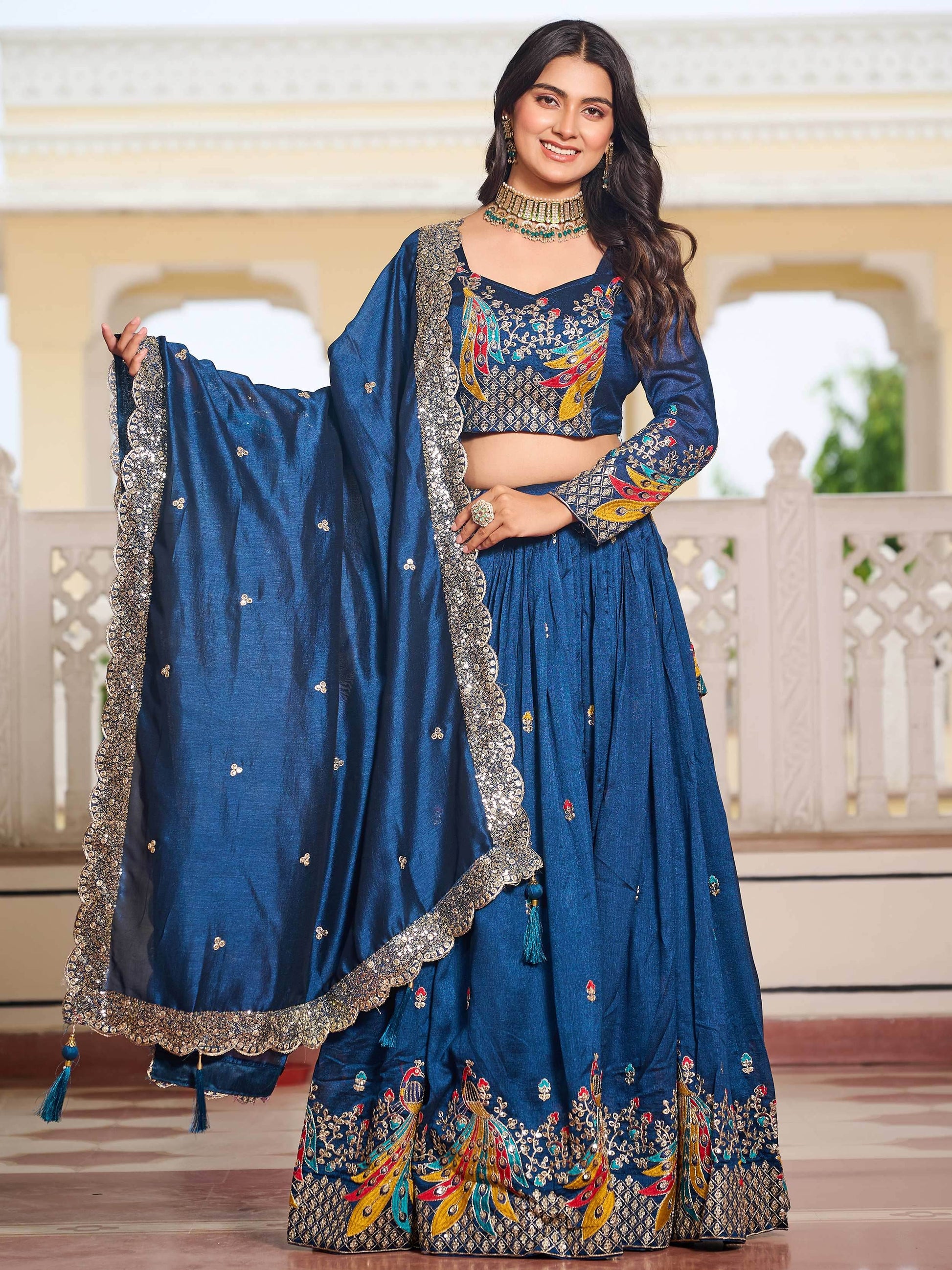 Alluring Teal Blue Thread Work Vichitra Silk Wedding Wear Lehenga Choli - Zeel Clothing