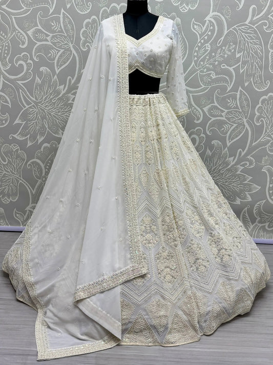 Alluring White Thread Work Georgette Lehenga Choli With Dupatta - Zeel Clothing