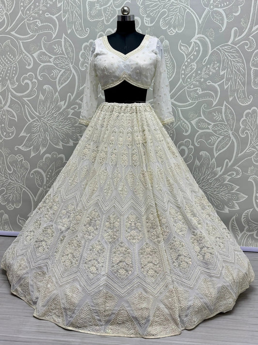 Alluring White Thread Work Georgette Lehenga Choli With Dupatta - Zeel Clothing