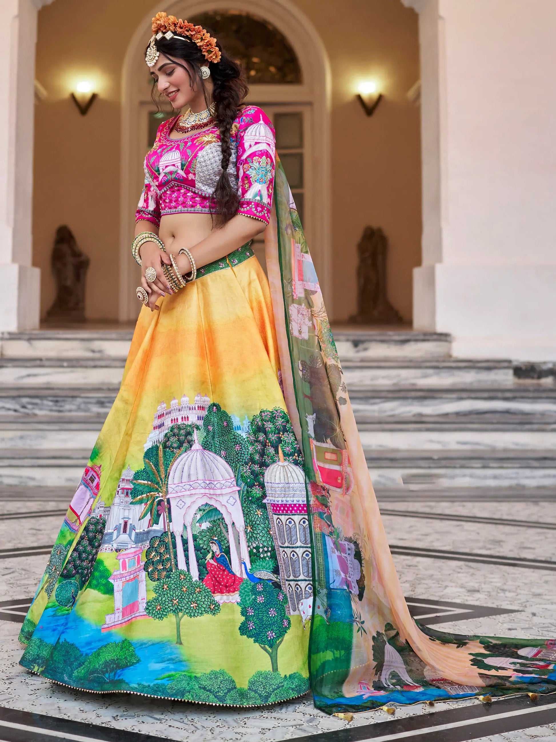 Alluring Yellow Printed Art Silk Bridesmaid Lehenga Choli - Zeel Clothing