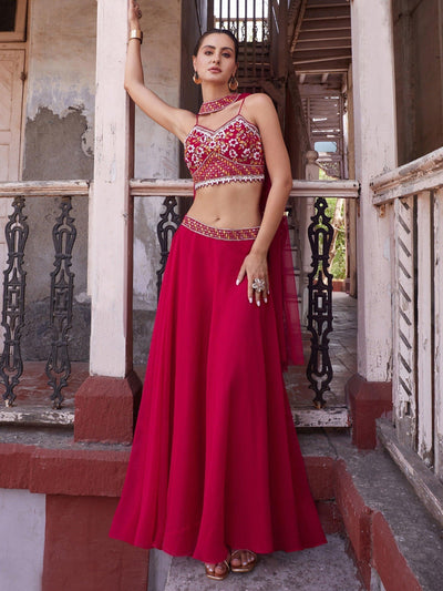 Marvelous Rani Pink Embroidered Georgette Designer Lehenga Choli