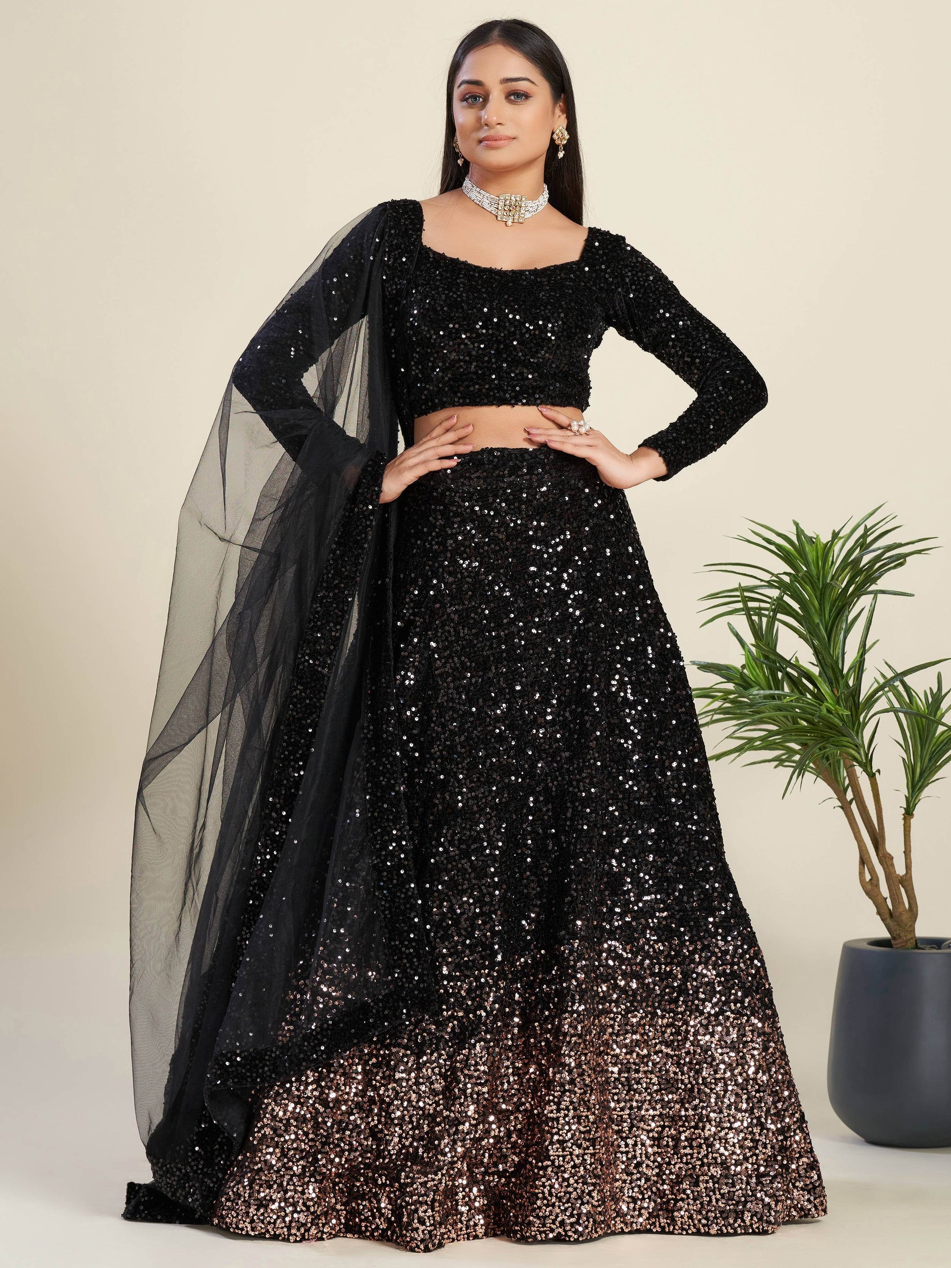 Amazing Black Sequins Velvet Party Wear Lehenga Choli With Dupatta - Zeel Clothing
