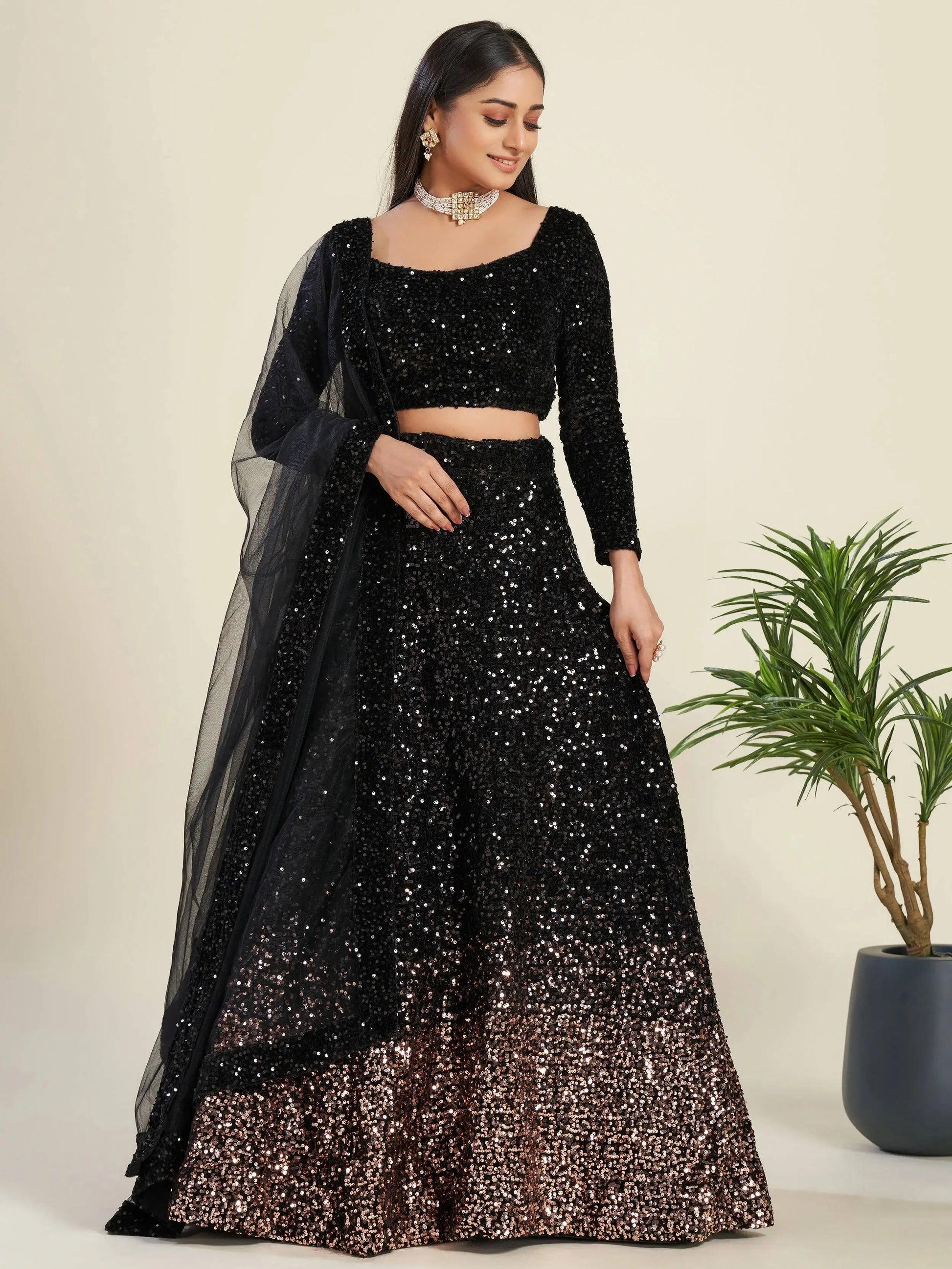 Amazing Black Sequins Velvet Party Wear Lehenga Choli With Dupatta - Zeel Clothing