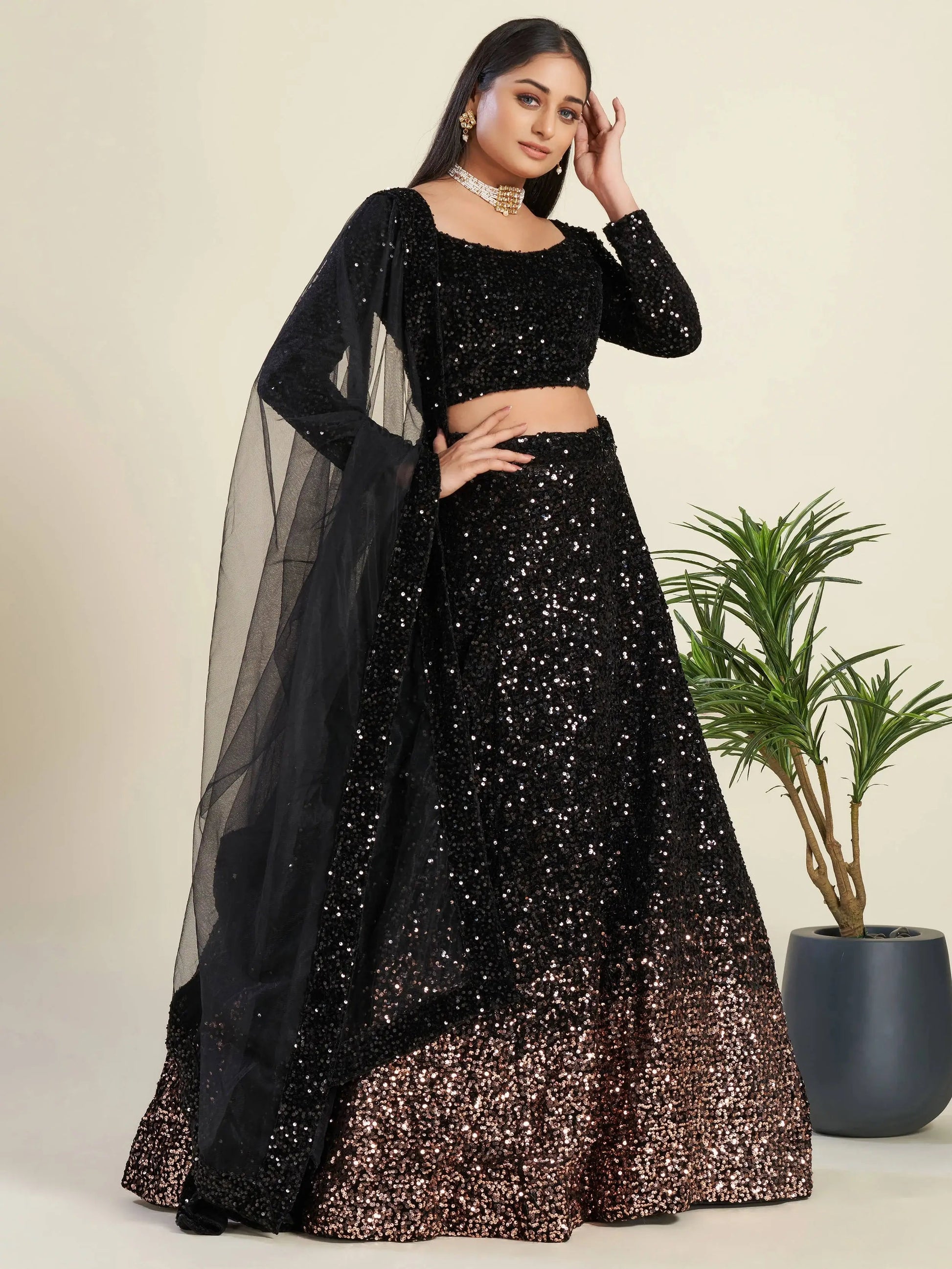 Amazing Black Sequins Velvet Party Wear Lehenga Choli With Dupatta - Zeel Clothing