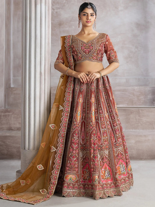 Amazing Brown Sequins Banarasi Silk Designer Lehenga Choli - Zeel Clothing