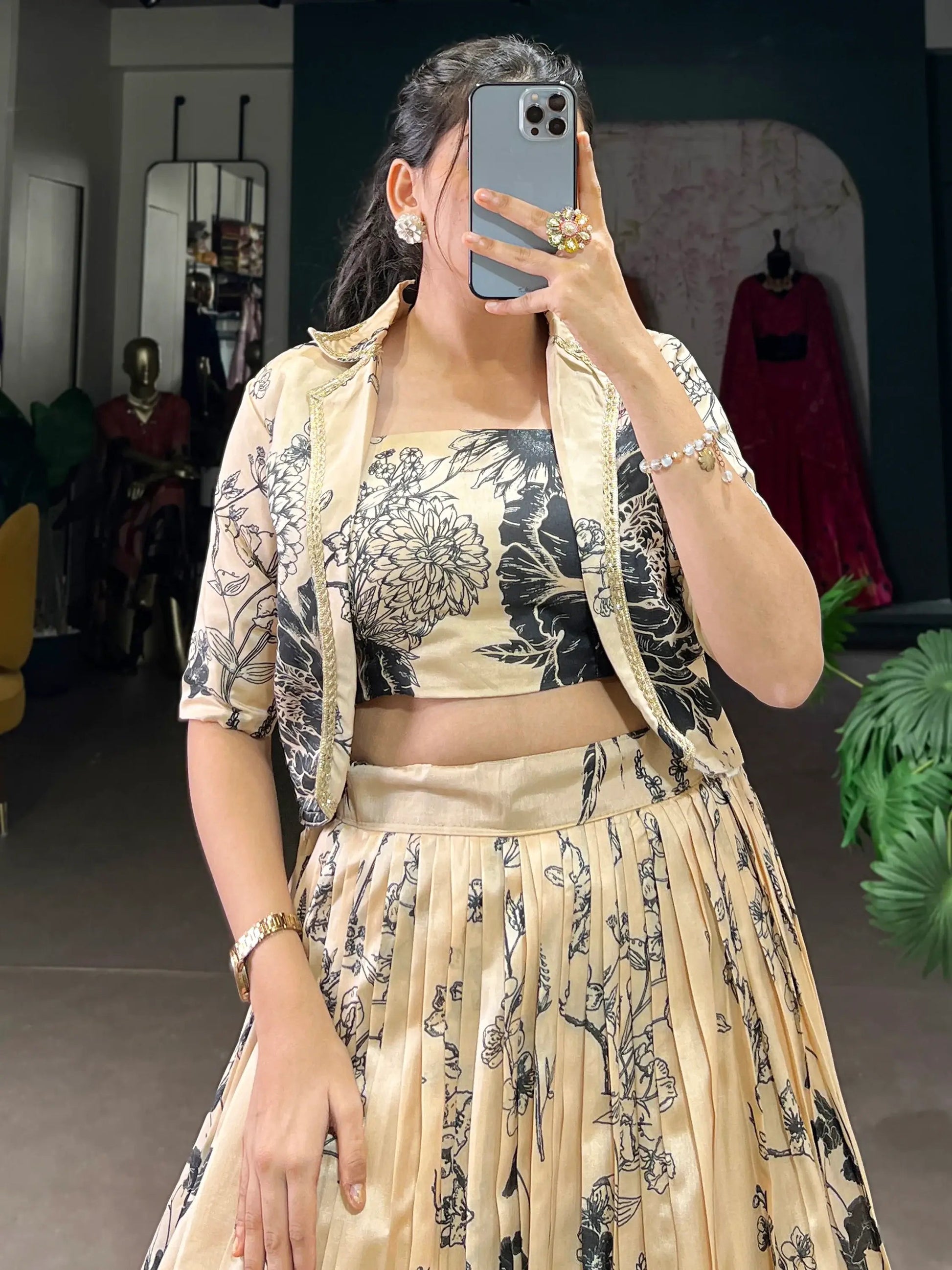 Amazing Cream Printed Silk Event Wear Crop Top Lehenga With Jacket - Zeel Clothing