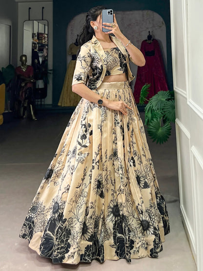 Amazing Cream Printed Silk Event Wear Crop Top Lehenga With Jacket - Zeel Clothing
