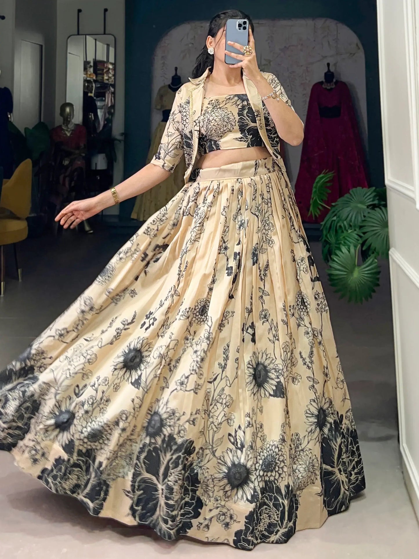 Amazing Cream Printed Silk Event Wear Crop Top Lehenga With Jacket - Zeel Clothing