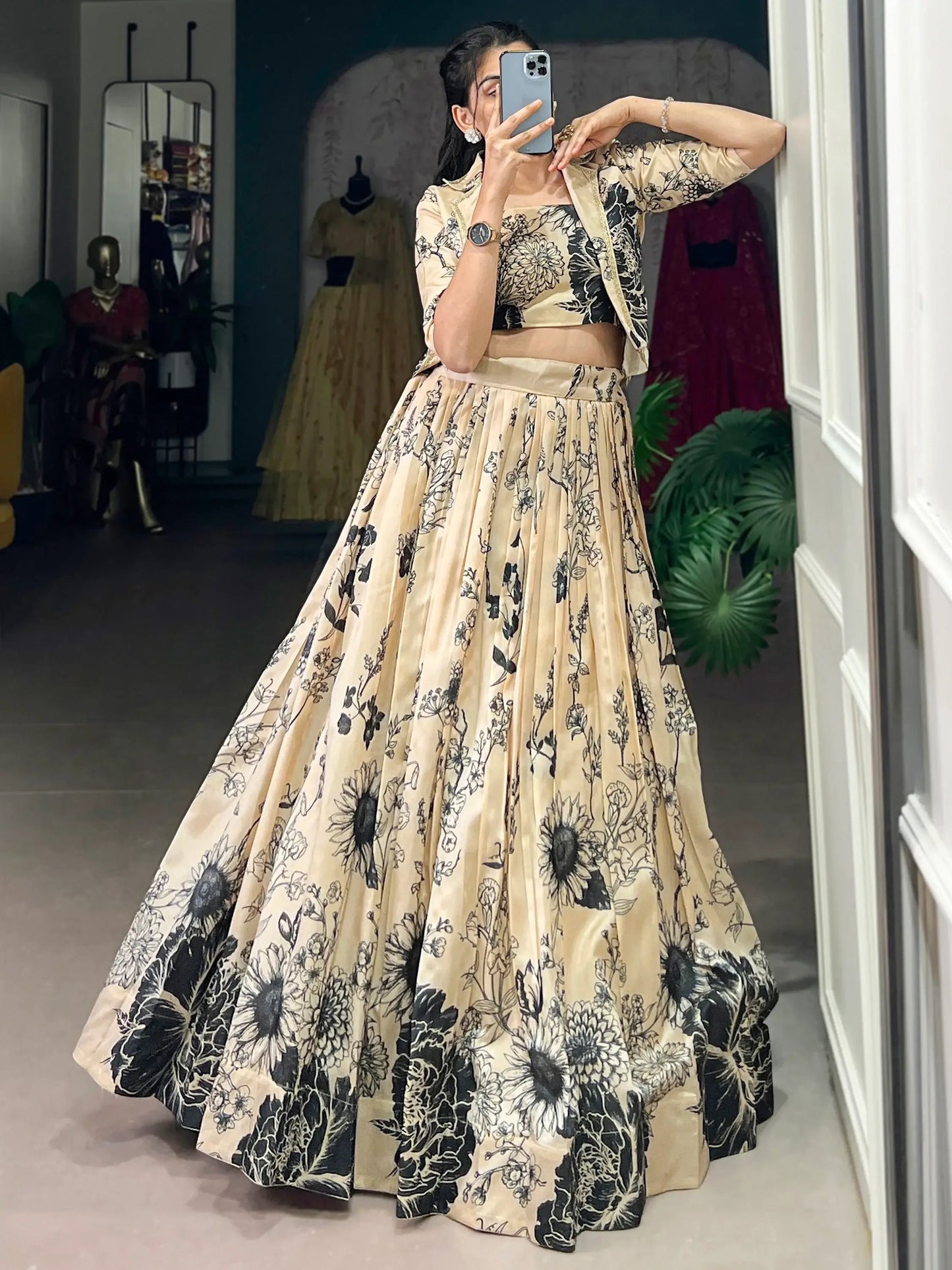 Amazing Cream Printed Silk Event Wear Crop Top Lehenga With Jacket - Zeel Clothing