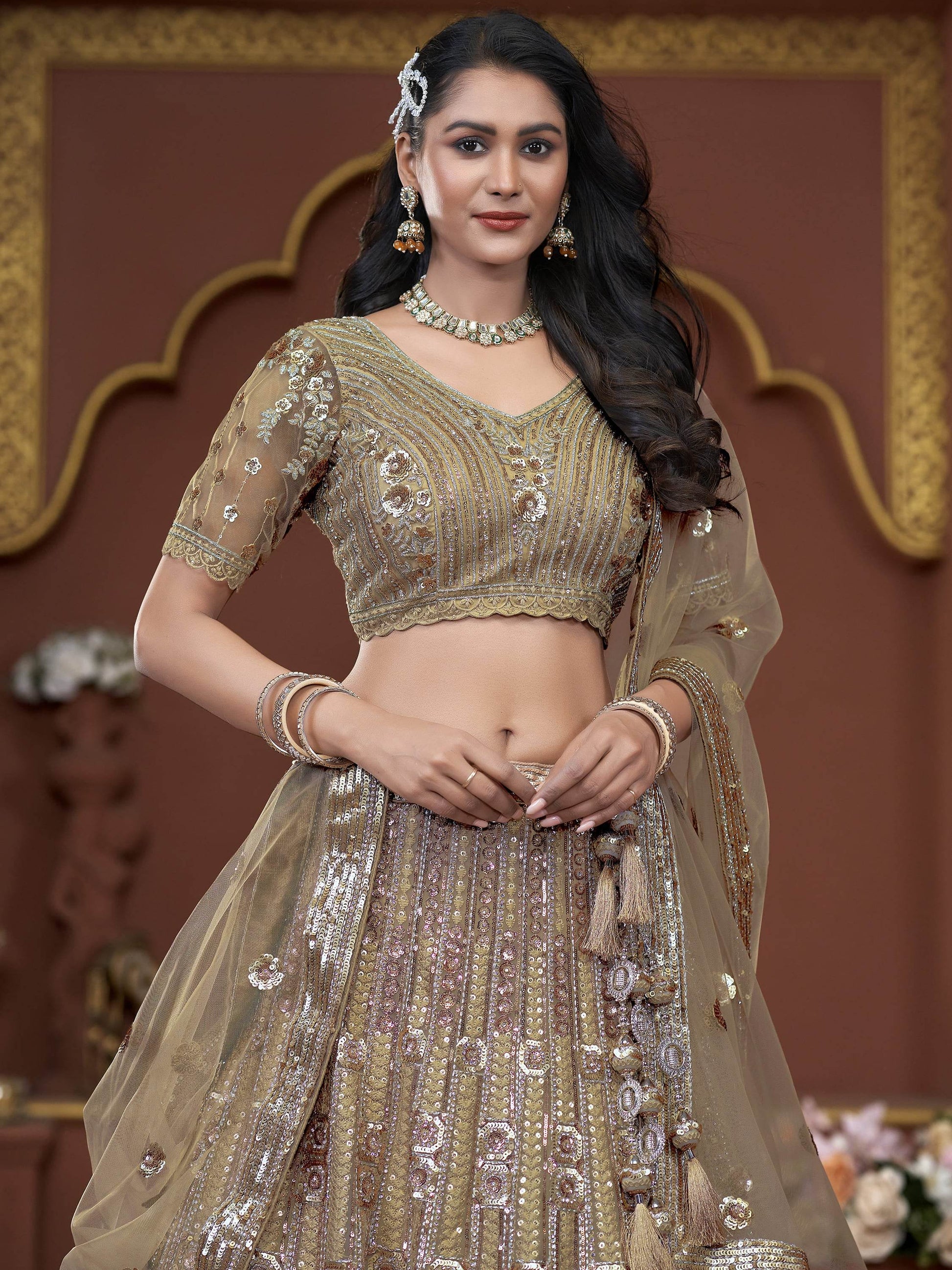 Amazing Golden Jarkan Work Net Wedding Lehenga Choli With Dupatta - Zeel Clothing