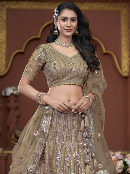 Amazing Golden Jarkan Work Net Wedding Lehenga Choli With Dupatta - Zeel Clothing