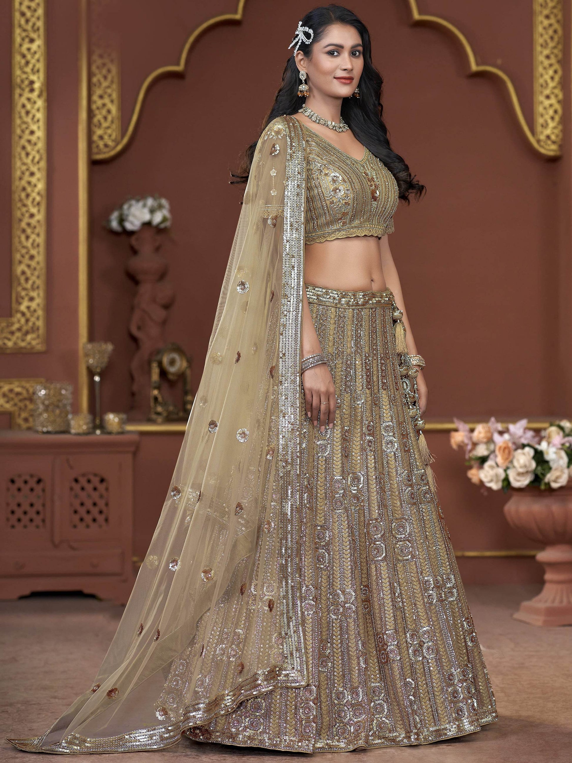 Amazing Golden Jarkan Work Net Wedding Lehenga Choli With Dupatta - Zeel Clothing