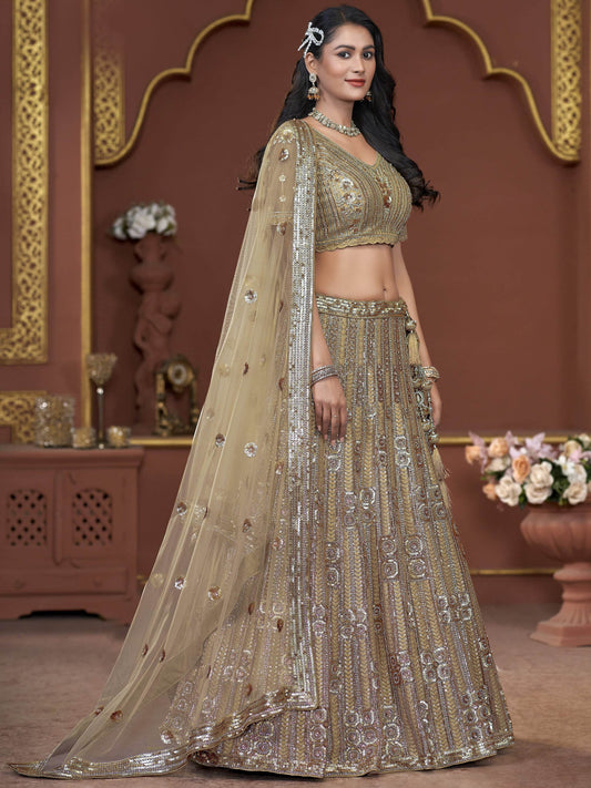 Amazing Golden Jarkan Work Net Wedding Lehenga Choli With Dupatta - Zeel Clothing