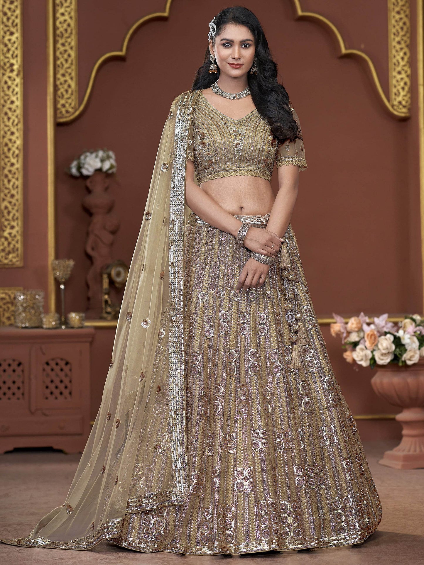 Amazing Golden Jarkan Work Net Wedding Lehenga Choli With Dupatta - Zeel Clothing