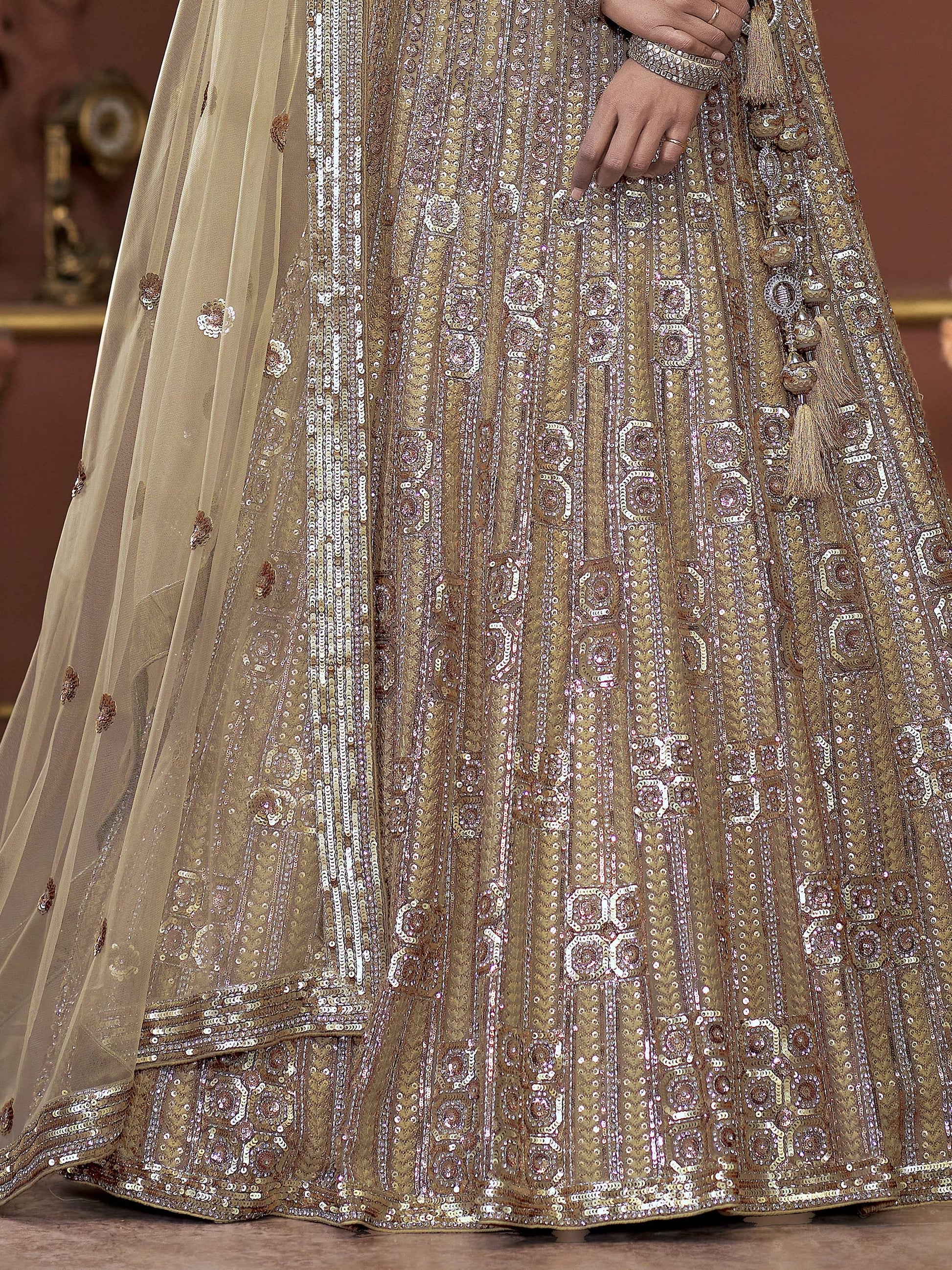 Amazing Golden Jarkan Work Net Wedding Lehenga Choli With Dupatta - Zeel Clothing