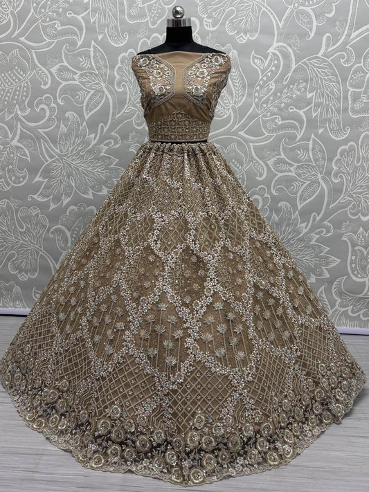 Amazing Golden Zirkon Work Net Engagement Wear Lehenga Choli - Zeel Clothing
