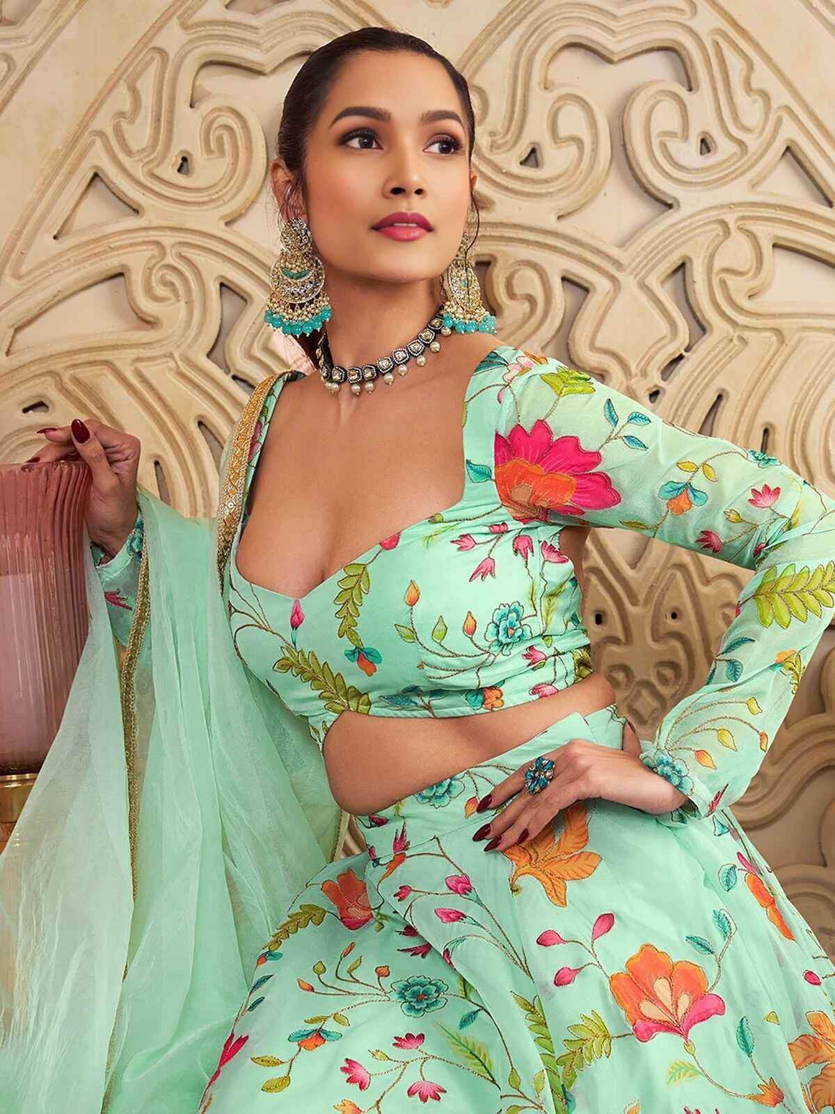 Amazing Green Floral Printed Organza Function Wear Lehenga Choli - Zeel Clothing