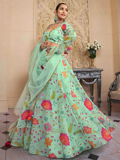 Amazing Green Floral Printed Organza Function Wear Lehenga Choli - Zeel Clothing