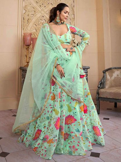 Amazing Green Floral Printed Organza Function Wear Lehenga Choli - Zeel Clothing